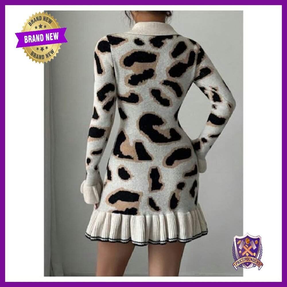 Leopard Print Sweater Dress Long Sleeve Collar Ruffle Hem Mini - Picture 3 of 6